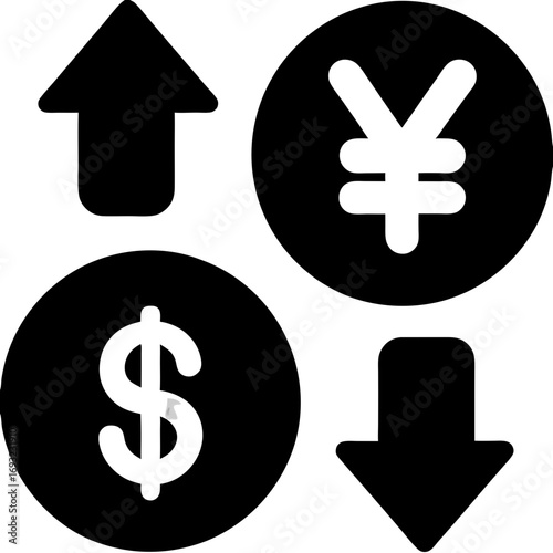 Monochrome icon collection symbolizing global economic trends, currency valuation, and the financial exchange rate between the dollar and yen or yuan