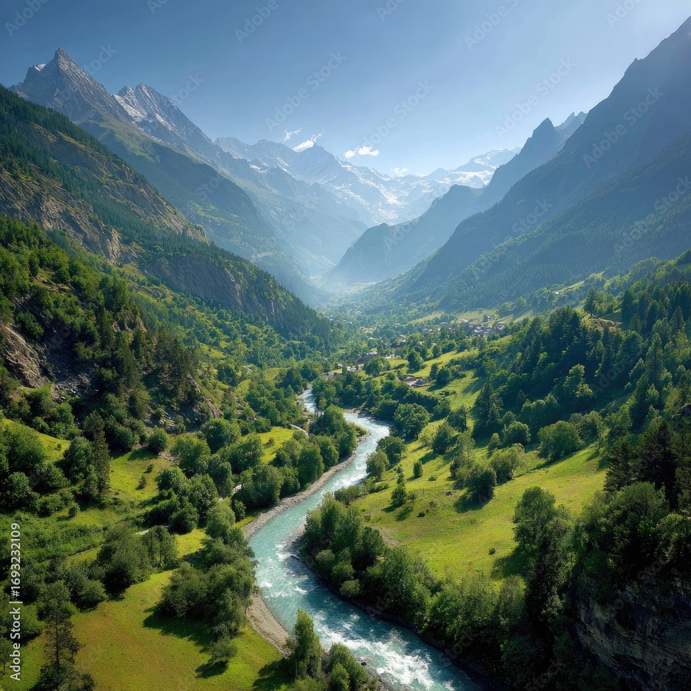 Fototapeta premium Serene Mountain Valley With River