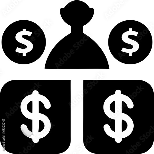 Simple flat vector illustration of currency and wealth symbols, including dollar coin and money bag icons isolated on a white background