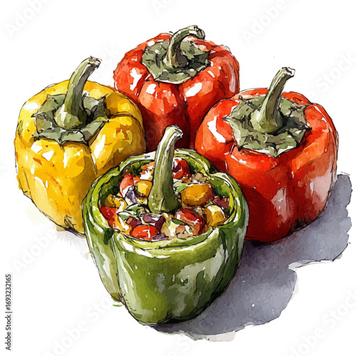 Stuffed Peppers, watercolor illustration vector, isolated on a white background.