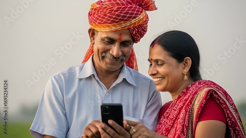 Smiling Indian Couple Using Mobile Phone in Green Field Traditional Attire Happy Mature Husband and Wife Viewing Cellphone Content Outdoor Under Clear Sky