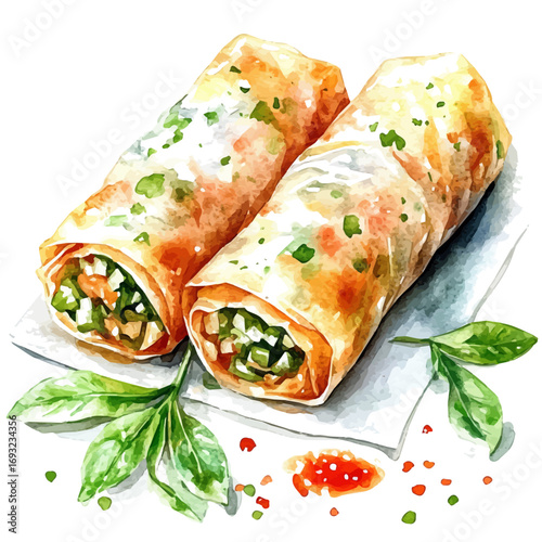 Spring Rolls, watercolor clipart vector, isolated on a white background.
