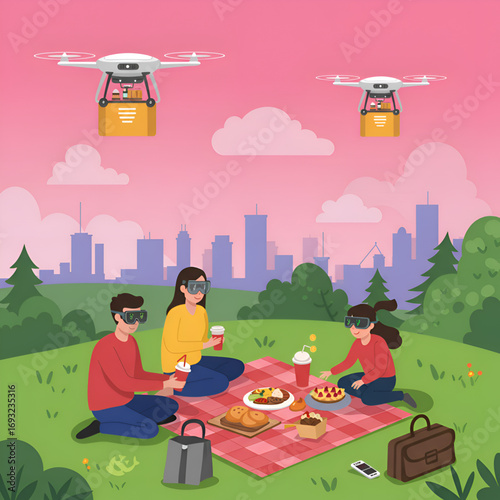 Family Picnic with VR Glasses and Drone Food Delivery – Cartoon Illustration