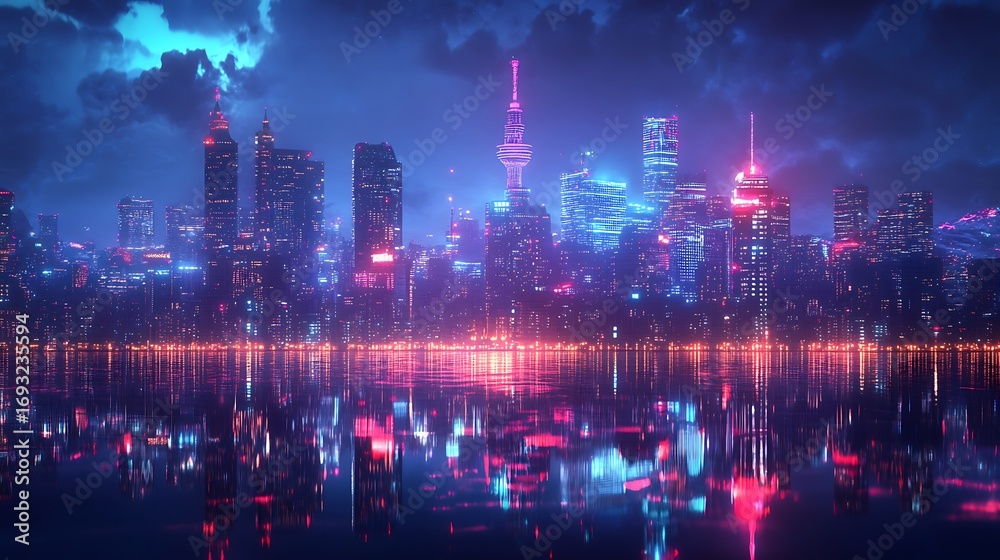 Obraz premium Vibrant Tokyo skyline glowing with neon city lights at night picture