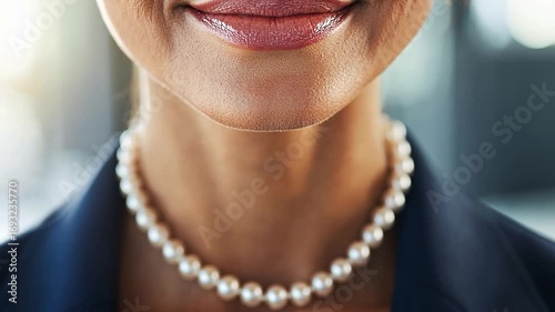 Closeup of Elegant Woman Wearing Pearls Necklace and Suit in Professional Setting