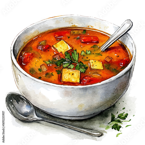 Soup, watercolor clipart vector, isolated on a white background.