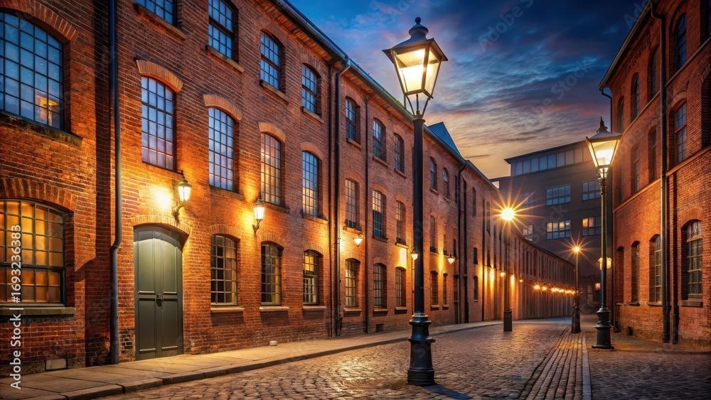 Fototapeta premium Old red brick factory buildings illuminated at night by soft warm streetlights