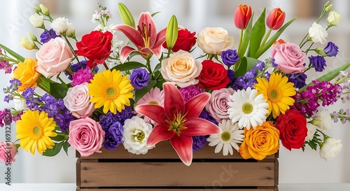 Vibrant Mixed Flower Arrangement in Wooden Crate.