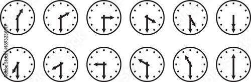 Clock Faces Set Showing Different Times, Simple Black and White Round Wall Clocks, Time Icons with Hour and Minute Hands, Vector Style Design for Scheduling, Time Management, and UI