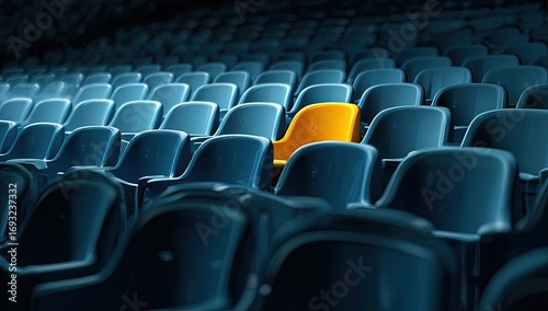 A single, bright yellow chair in a sea of dark blue seats