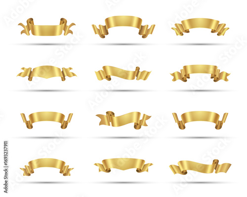 Realistic golden ribbon banners. Gold ribbon banner. Vector illustration set of gold ribbon banners and labels. Badges for premium products