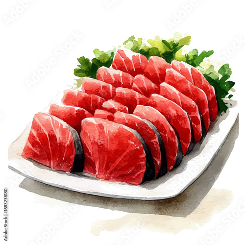 Sashimi, watercolor vector, isolated on a white background.
