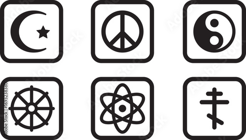 Religion and Philosophy Symbol Icons Set, Black and White Square Icons Featuring Crescent Star, Peace Sign, Yin Yang, Dharma Wheel, Atom, Orthodox Cross for Spiritual and Educational Designs