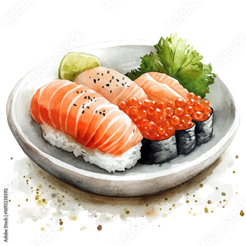 Sashimi, watercolor clipart vector, isolated on a white background.