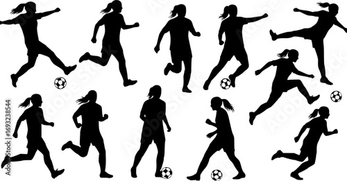 set of Football, female soccer player, sports avatar Vector silhouette on white background.
