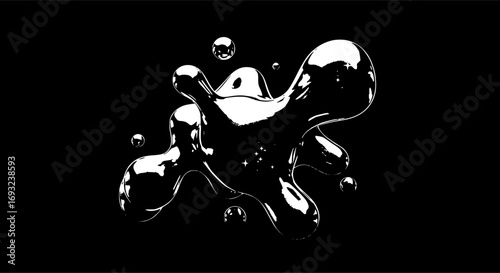  chrome holographic fluid shapes and stars. Abstract liquid mercury metallic icon.  rendering aluminum gradient shape design . Brutalist futuristic style, melted substance on black background