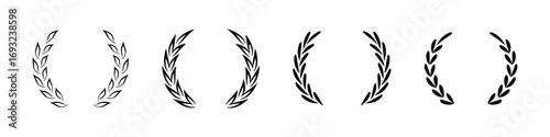 Laurel wreath icons. Set black silhouette circular laurel foliate, wheat and oak wreaths. Laurel wreath emblems. Floral branch flat style