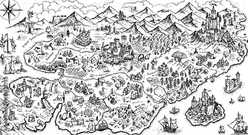 Fantasy map elements illustration, drawing, engraving, ink, line art, vector
