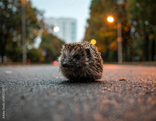 Fototapeta Naklejka Na Ścianę i Meble -  Tiny hedgehog on city street at dusk