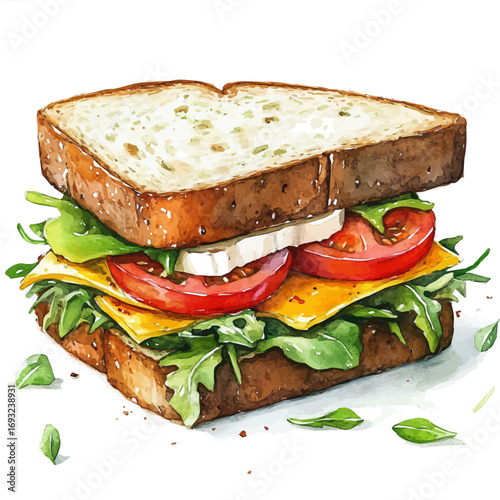 Sandwich, watercolor vector, isolated on a white background.