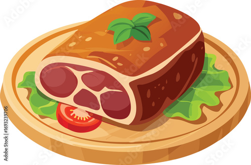 A delicious roasted ham or pork roast on a wooden cutting board. A vector illustration for concepts of holiday dinners, meat, and gourmet food. Generative AI