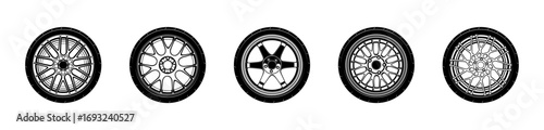 Car wheels vector set. Shiny steel rims and tires collection.