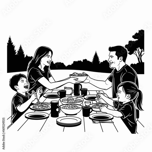Winter male clothing icons vector art of happy family enjoying a picnic in the park, vector