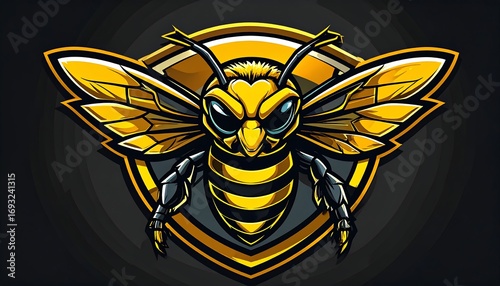 Aggressive bee mascot in shield design