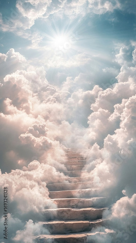 Floating staircase in sky made of clouds and light rays
