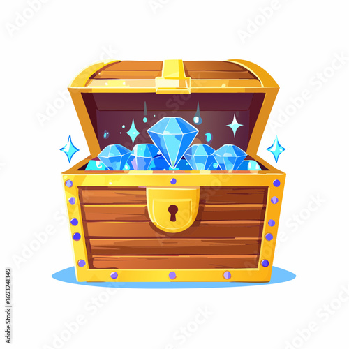 Diamond chest illustration. Fantasy open golden chest full of blue glowing diamonds and treasures. 2D game art.
