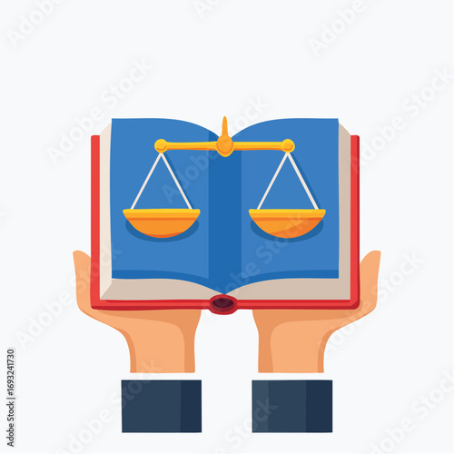 Hands Holding Open Book With Balance Scales