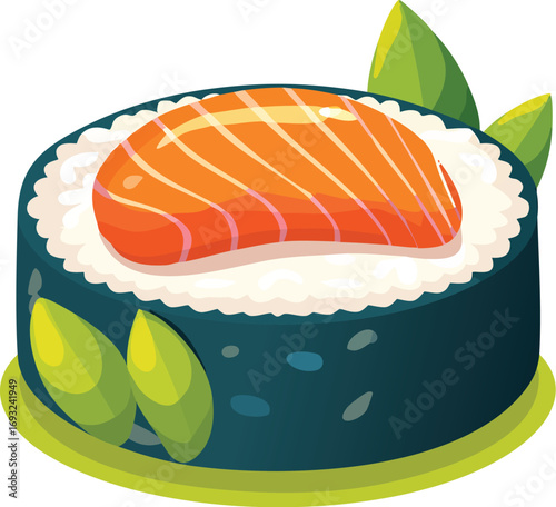 A delicious piece of salmon maki sushi roll with nori seaweed and rice. An isolated vector illustration of traditional Japanese food. Generative AI