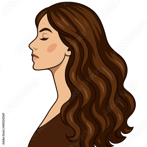 A stunning woman in profile, featuring long, glossy wavy hair, alongside a beauty model with a curly hairstyle, all within the realms of fashion, cosmetics, and makeup