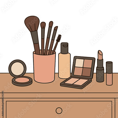 A holder containing makeup brushes and various decorative cosmetics sits on a chest of drawers at home