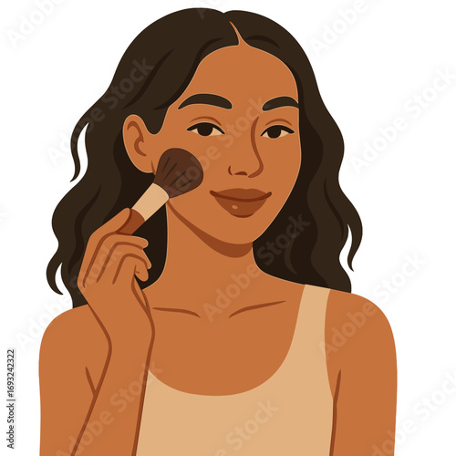A young woman applying makeup with a brush, highlighting her natural beauty and radiant skin, ideal for cosmetic and skincare advertising