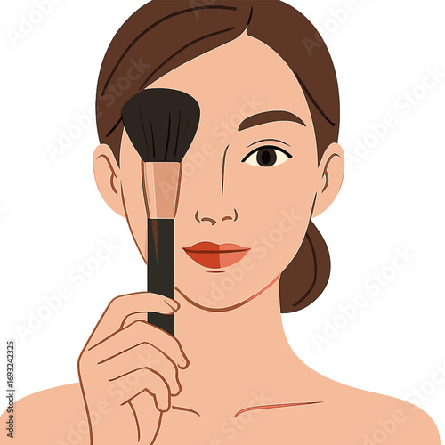 A portrait shows a girl holding a cosmetic brush to her face, covering one eye with it, while one side of her beautiful white face is brightly made up and the other remains natural