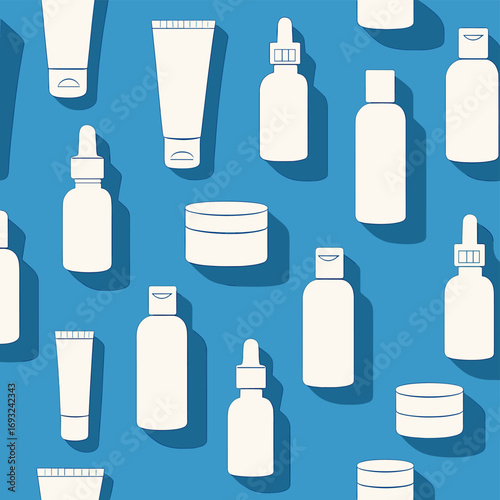 A pattern composed of white cosmetic bottles and jars, featuring a pronounced shadow against a blue backdrop, suitable as a texture or background for a creative design layout