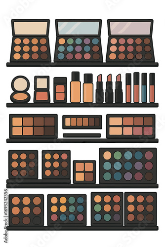 Makeup sets are showcased in a cosmetic store, featuring a wide range of beauty products in diverse colors and shades, with shelves ed with palettes, creating a modern visual experience for