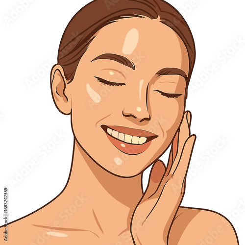 A young, beautiful woman with clear, healthy skin smiles, wearing natural makeup that highlights her flawless features, her fresh face bathed in sunlight, embodying wellness, beauty, skincare, and