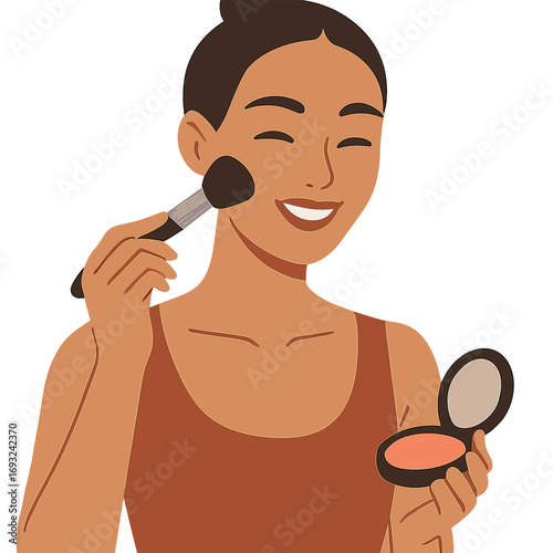 A young woman with flawless skin smiles as she applies makeup, highlighting her natural beauty and style