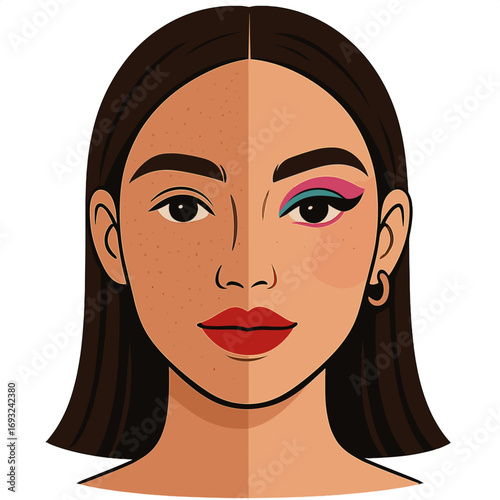 A professional makeup makeover that highlights natural beauty on one side and bold glamour on the other, featuring intricate skin texture