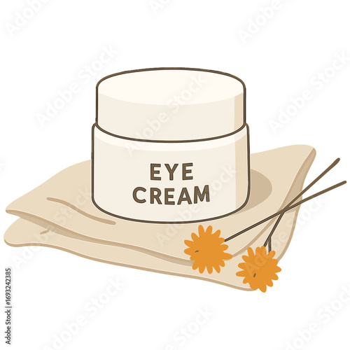 A white eye cream jar rests on linen cloth adorned with dried orange flowers