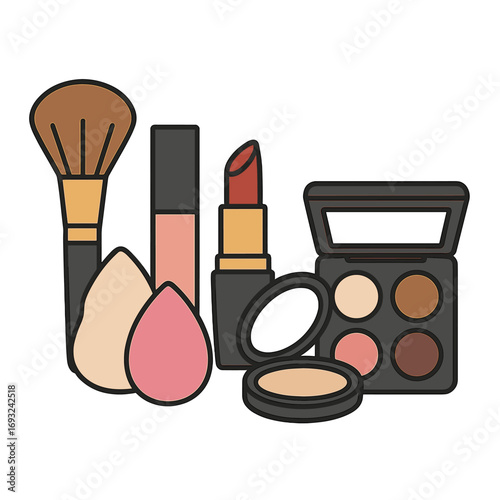 Cosmetics for decoration featuring a makeup brush and sponges against a grey backdrop