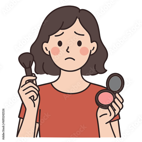 A close‑up photo of an uncertain girl hesitates, holding a blush, unsure whether to apply powder or rouge to create an ideal visage, isolated against a pastel‑colored background