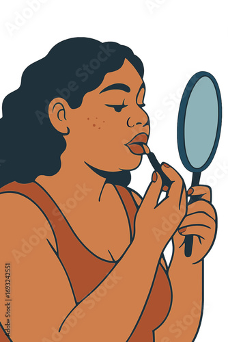 A curvy woman applying makeup while gazing into a mirror, captured in a close-up of her face