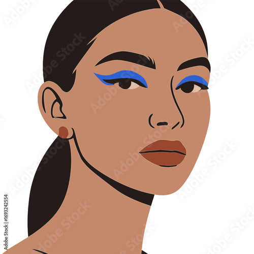 High-end beauty photography captured in a studio, featuring a close‑up of a model’s face adorned with 2024’s trendy makeup and blue eyeliner