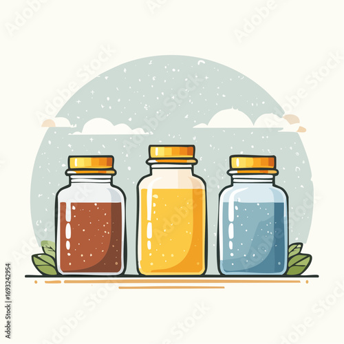 Three Colorful Glass Bottles with Liquid