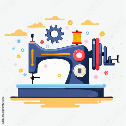 Colorful Flat Design Sewing Machine Illustration