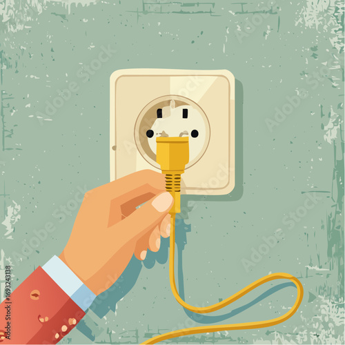 Hand Plugging In Yellow Cord Into Electrical Outlet