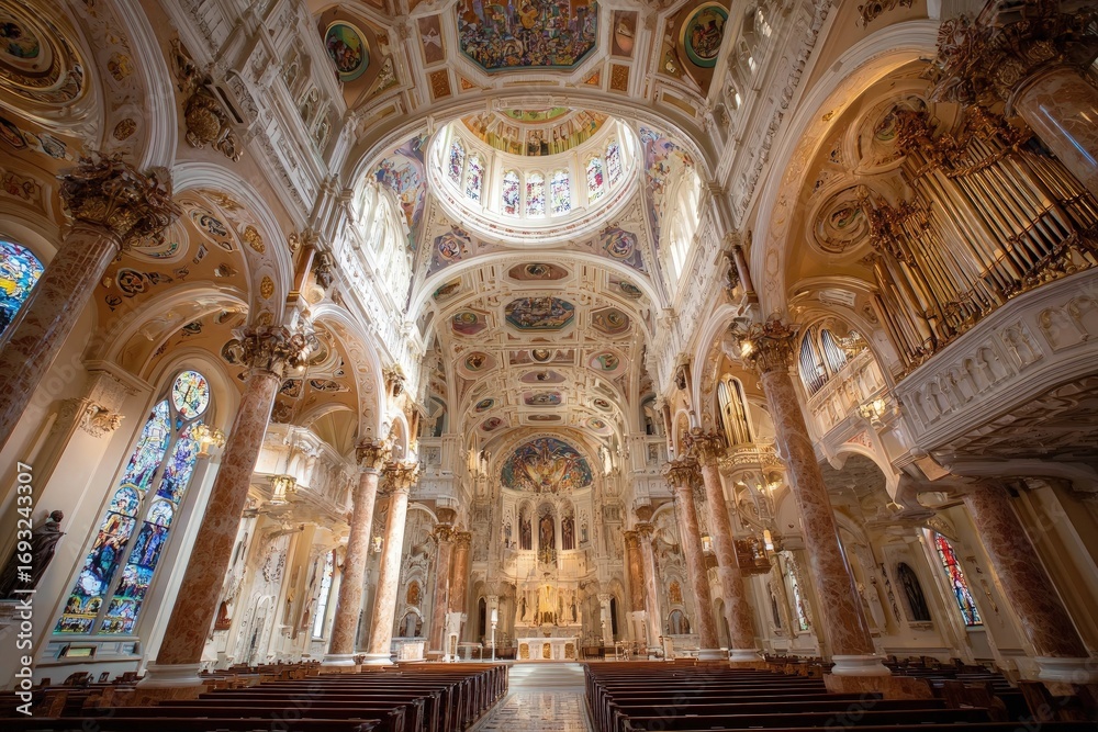 Obraz premium Ornate Church Interior With Stained Glass And Vaulted Ceiling